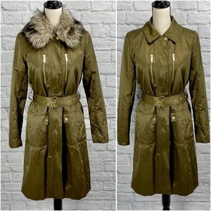 Michael Kors Olive Green Belted Trench Coat with Removable Faux Fur Collar